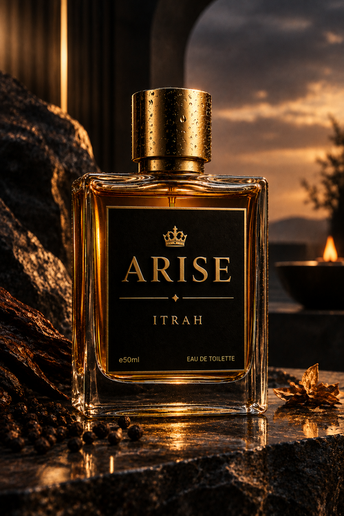 Itrah Arise Eau de Toilette 50ml — amber glass perfume bottle with black and gold label