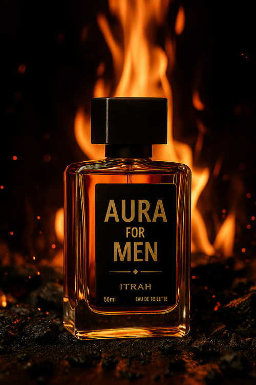Itrah Aura for Men Eau de Toilette 50ml — amber perfume bottle with black and gold label against flames